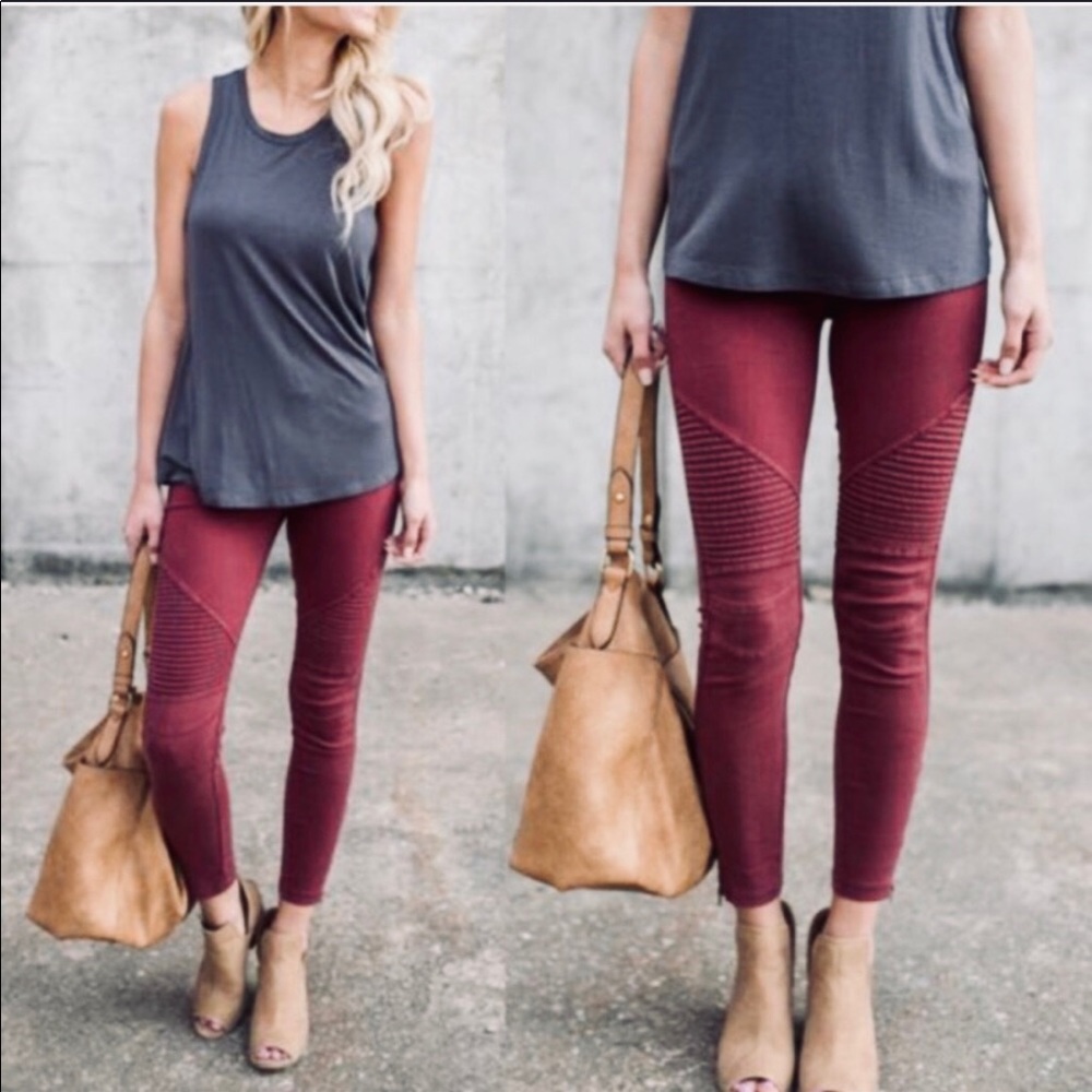 Wine Biker Moto Leggings with Ankle Zipper